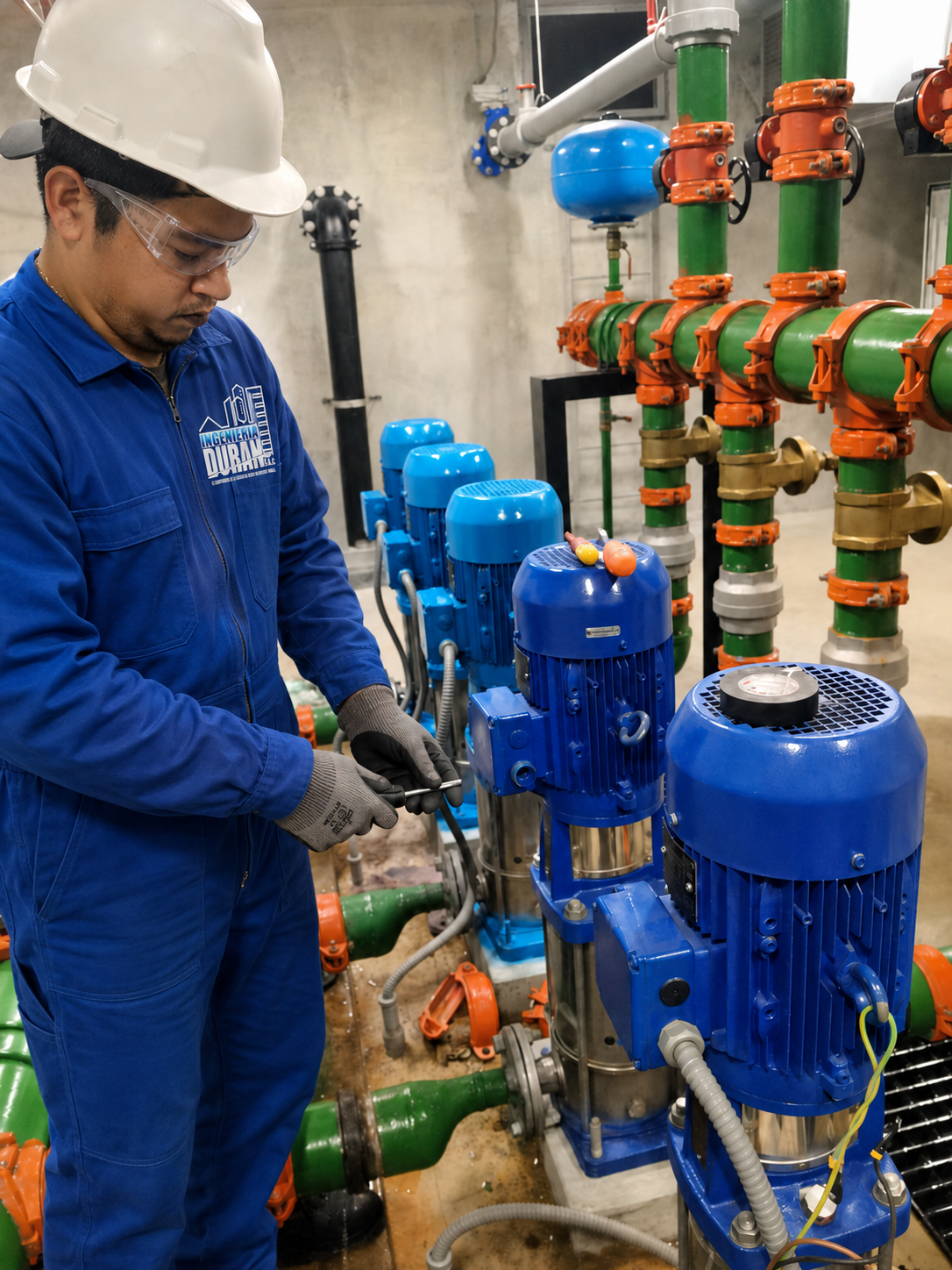 Técnico de Ingeniería Durán inspeccionando tablero eléctrico con variadores de frecuencia